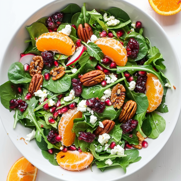 a white bowl of Christmas salad with pecans, pomegranate, cranberries, mandarins, and spring salad