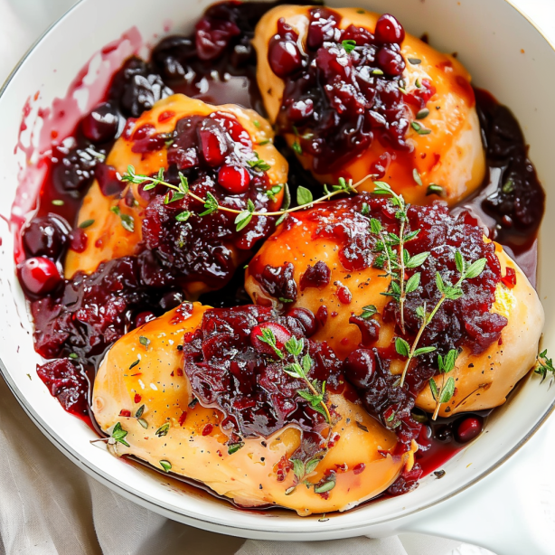 Cranberry chicken in a skillet, coated in a rich cranberry glaze and garnished with fresh thyme for a festive look.