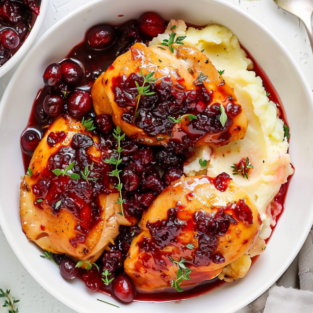 Cranberry chicken served in a white bowl with mashed potatoes, topped with cranberry sauce and fresh thyme sprigs for a cozy meal.