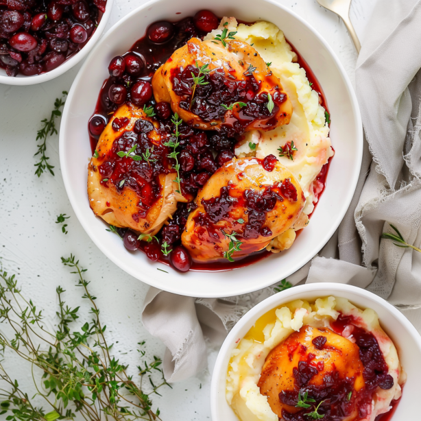 A white bowl filled with cranberry chicken, topped with a tangy cranberry glaze and garnished with fresh thyme, served with creamy mashed potatoes.